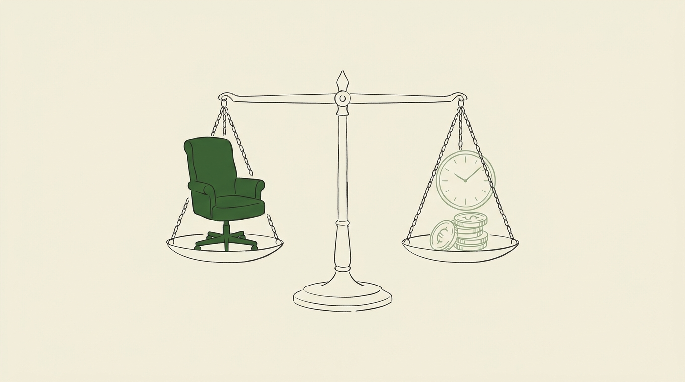 Balance scale weighing a full-time office chair against a clock and coins, illustrating the hire full-time vs consultant decision for an Indian SME